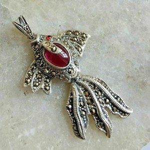 Handmade by skilled Artist Garnet Quartz Marcasite 925 Stamped Pure Pendant.